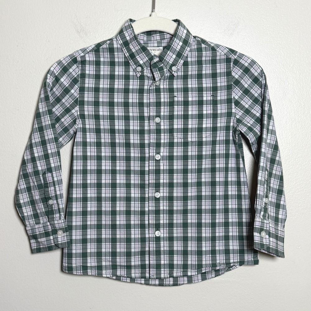Crewcuts Boys Cotton Button Down Shirt 4-5 Green Plaid Long Sleeve Pocket Preppy